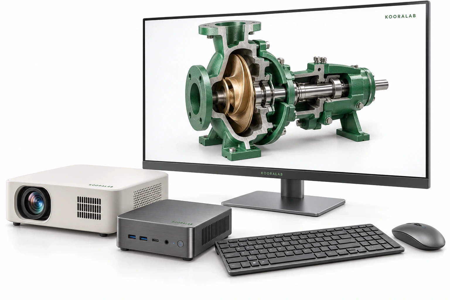 Kit KOORALAB : mini-PC compact en aluminium, mini-projecteur, moniteur, clavier et souris avec un marquage KOORALAB discret