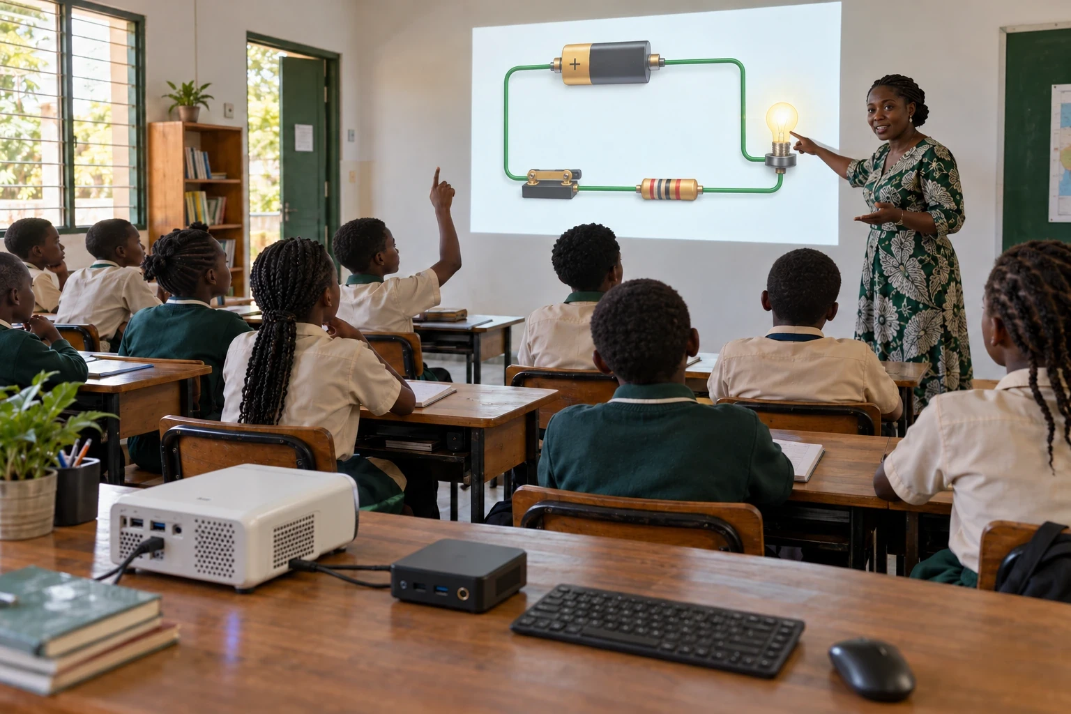 Une enseignante guide la classe devant une projection d’expérience 3D, pilotée depuis un mini-PC et un mini-projecteur visibles au premier plan.